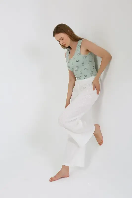 Akbeniz Women's Thick Strap Bodysuit Wide Leg Pants 2-Piece Set White 4219 - 5