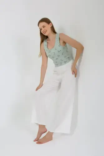 Akbeniz Women's Thick Strap Bodysuit Wide Leg Pants 2-Piece Set White 4219 - 6