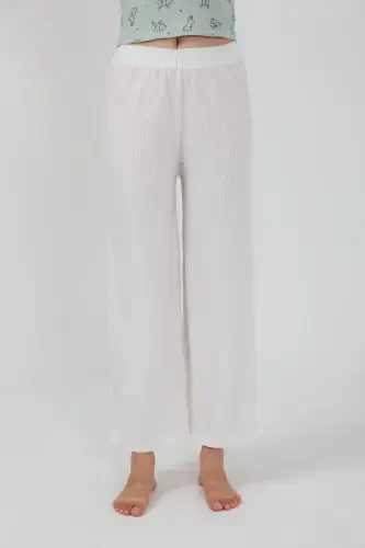 Akbeniz Women's Thick Strap Bodysuit Wide Leg Pants 2-Piece Set White 4219 - 7