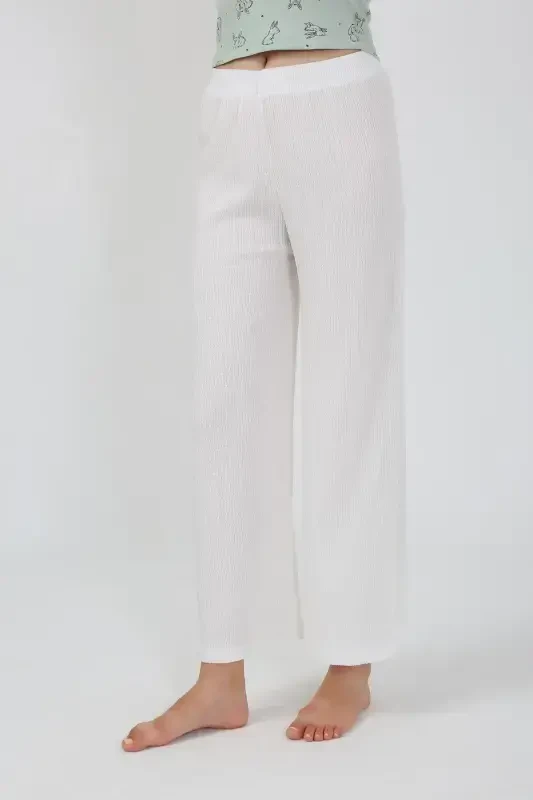 Akbeniz Women's Thick Strap Bodysuit Wide Leg Pants 2-Piece Set White 4219 - 8