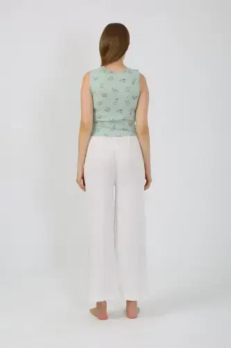 Akbeniz Women's Thick Strap Bodysuit Wide Leg Pants 2-Piece Set White 4219 - 9