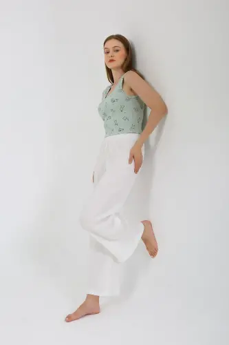 Akbeniz Women's Thick Strap Bodysuit Wide Leg Pants 2-Piece Set White 4219 - 2