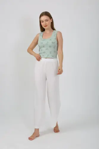 Akbeniz Women's Thick Strap Bodysuit Wide Leg Pants 2-Piece Set White 4219 - 3