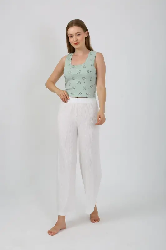 Akbeniz Women's Thick Strap Bodysuit Wide Leg Pants 2-Piece Set White 4219 - 3