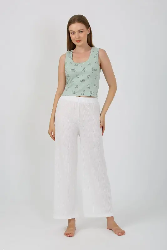 Akbeniz Women's Thick Strap Bodysuit Wide Leg Pants 2-Piece Set White 4219 - 4