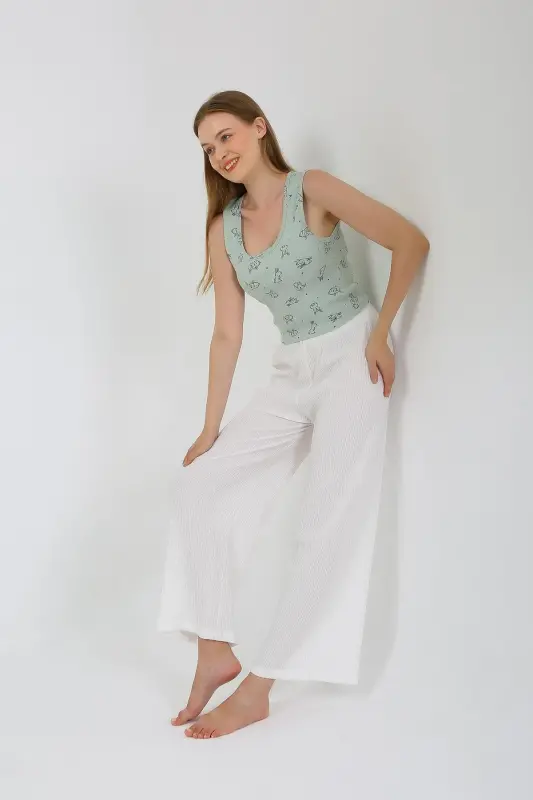 Akbeniz Women's Thick Strap Bodysuit Wide Leg Pants 2-Piece Set White 4219 - 6