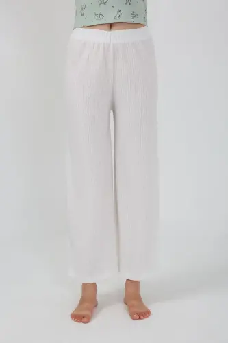 Akbeniz Women's Thick Strap Bodysuit Wide Leg Pants 2-Piece Set White 4219 - 7