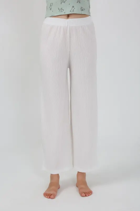 Akbeniz Women's Thick Strap Bodysuit Wide Leg Pants 2-Piece Set White 4219 - 7