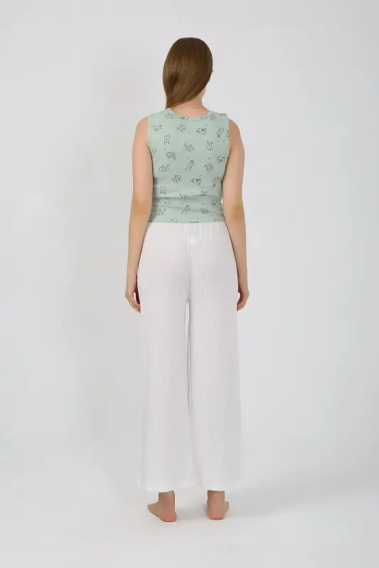 Akbeniz Women's Thick Strap Bodysuit Wide Leg Pants 2-Piece Set White 4219 - 9