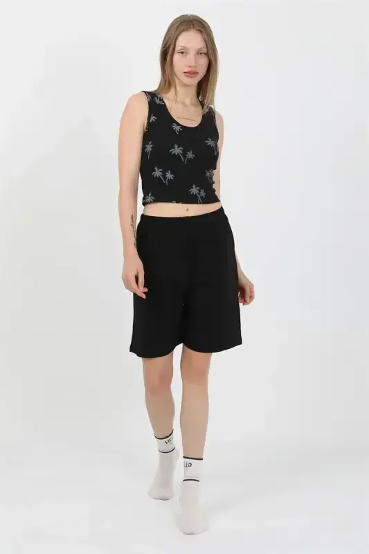 Akbeniz Women's Thick Strap Cotton Jersey Shorts Crop Set Black 3636 - 3