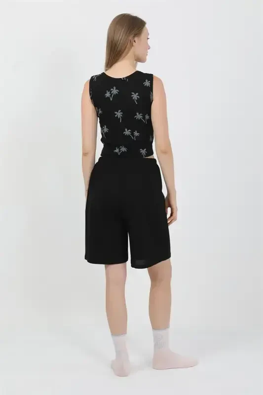 Akbeniz Women's Thick Strap Cotton Jersey Shorts Crop Set Black 3636 - 4