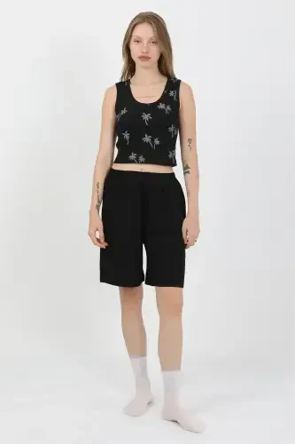 Akbeniz Women's Thick Strap Cotton Jersey Shorts Crop Set Black 3636 - 8