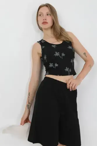 Akbeniz Women's Thick Strap Cotton Jersey Shorts Crop Set Black 3636 - 9