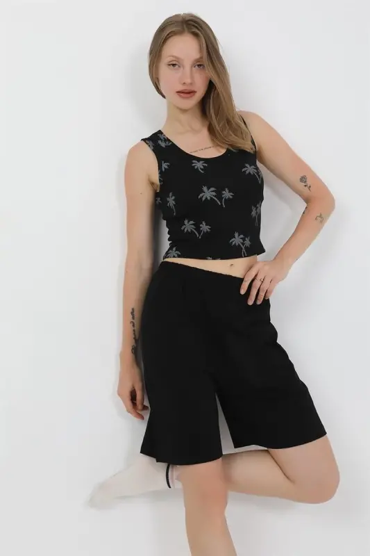 Akbeniz Women's Thick Strap Cotton Jersey Shorts Crop Set Black 3636 - AKBENIZ