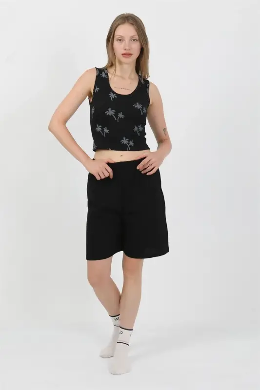 Akbeniz Women's Thick Strap Cotton Jersey Shorts Crop Set Black 3636 - 6