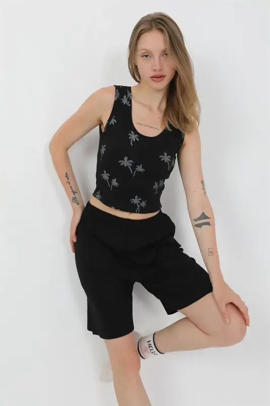 Akbeniz Women's Thick Strap Cotton Jersey Shorts Crop Set Black 3636 - 7
