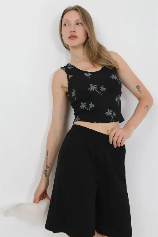 Akbeniz Women's Thick Strap Cotton Jersey Shorts Crop Set Black 3636 - 9