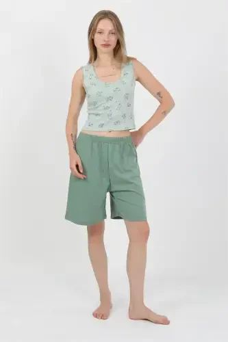 Akbeniz Women's Thick Strap Cotton Jersey Shorts Crop Set Sea Green 3636 - 2