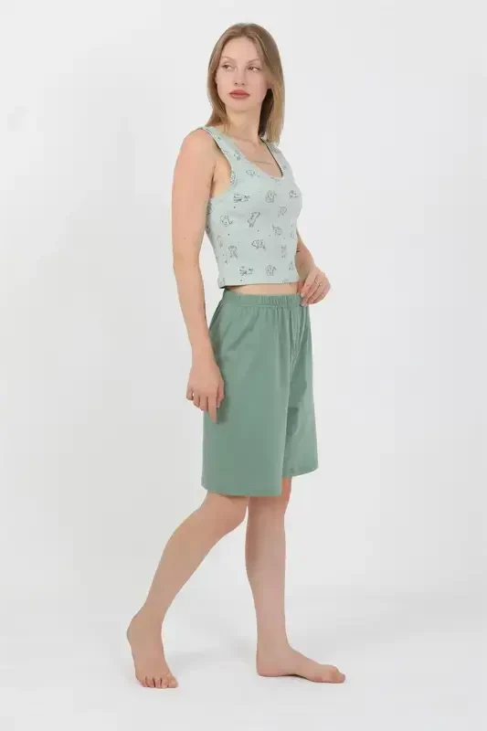 Akbeniz Women's Thick Strap Cotton Jersey Shorts Crop Set Sea Green 3636 - 7