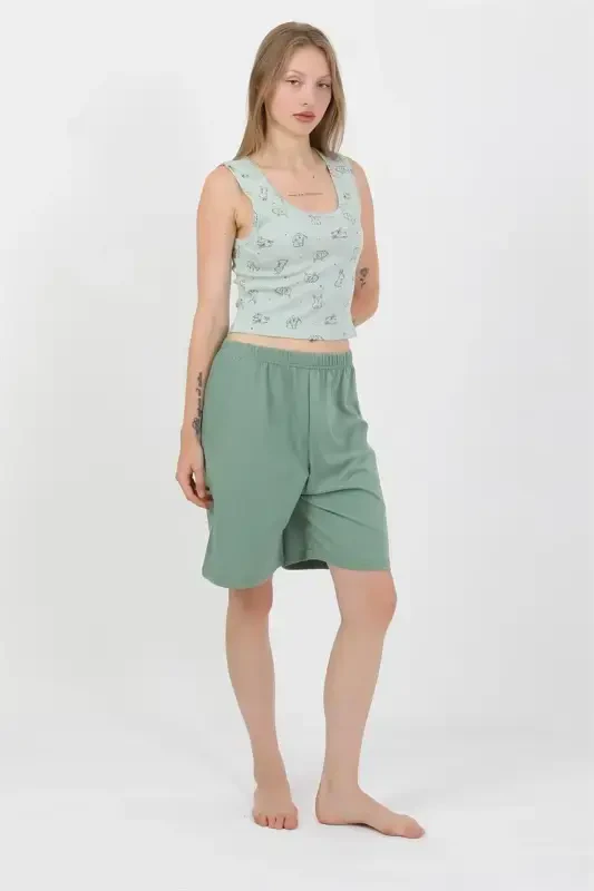 Akbeniz Women's Thick Strap Cotton Jersey Shorts Crop Set Sea Green 3636 - 8
