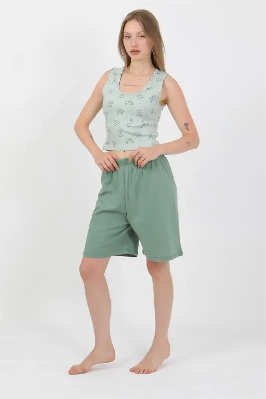 Akbeniz Women's Thick Strap Cotton Jersey Shorts Crop Set Sea Green 3636 - 1