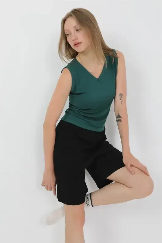 Akbeniz Women's Thick Strap Cotton Jersey Shorts Set Green 3636 - 1