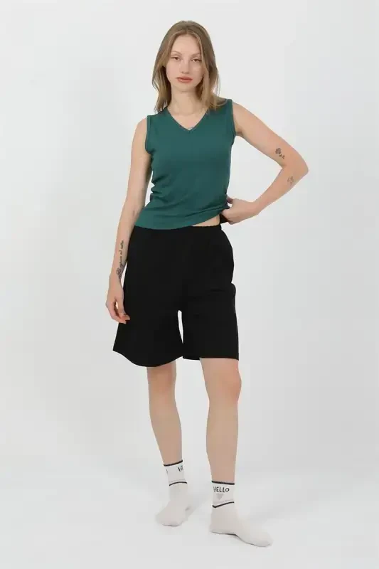 Akbeniz Women's Thick Strap Cotton Jersey Shorts Set Green 3636 - 2