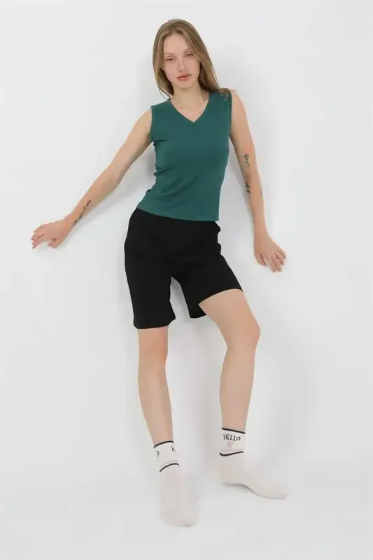 Akbeniz Women's Thick Strap Cotton Jersey Shorts Set Green 3636 - 4