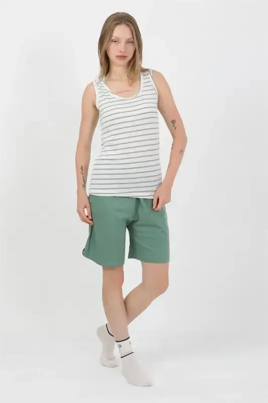 Akbeniz Women's Thick Strap Cotton Jersey Shorts Set Green 3637 - 1