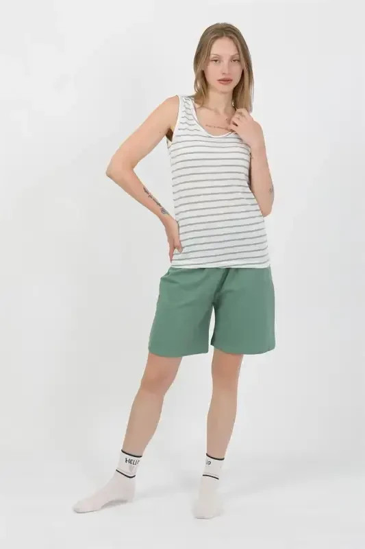 Akbeniz Women's Thick Strap Cotton Jersey Shorts Set Green 3637 - 2