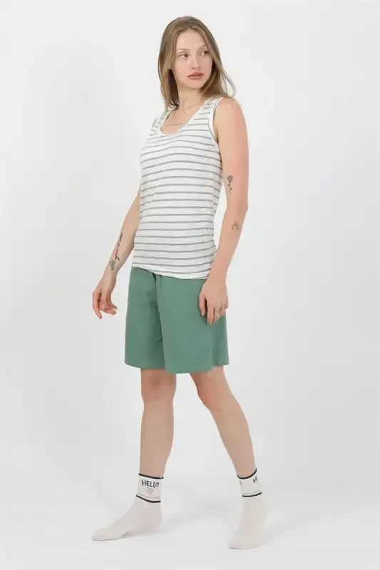Akbeniz Women's Thick Strap Cotton Jersey Shorts Set Green 3637 - 3