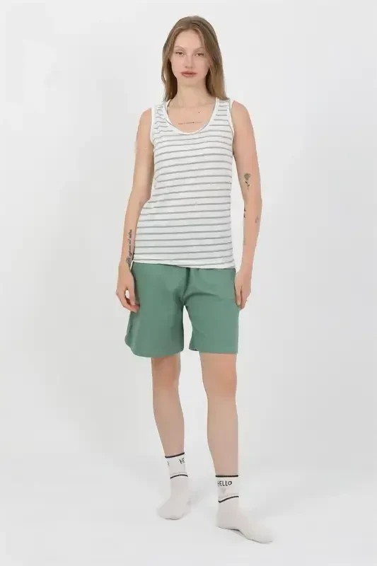 Akbeniz Women's Thick Strap Cotton Jersey Shorts Set Green 3637 - 7