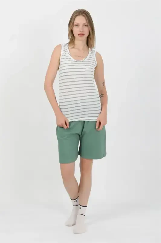 Akbeniz Women's Thick Strap Cotton Jersey Shorts Set Green 3637 - 8