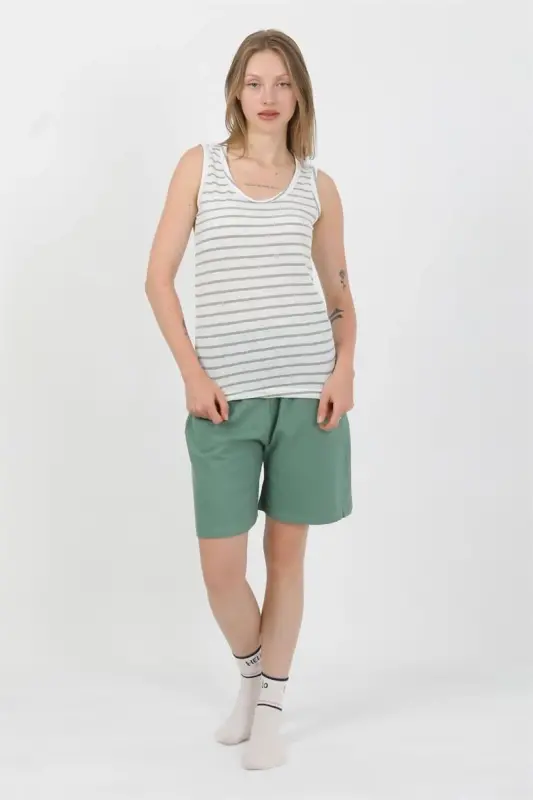 Akbeniz Women's Thick Strap Cotton Jersey Shorts Set Green 3637 - 8
