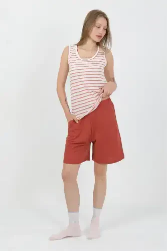 Akbeniz Women's Thick Strap Cotton Jersey Shorts Set Orange 3637 - 1