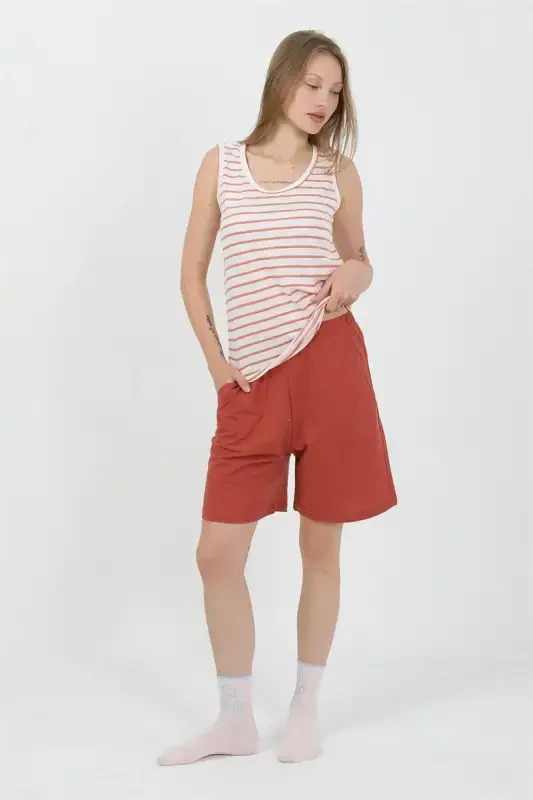 Akbeniz Women's Thick Strap Cotton Jersey Shorts Set Orange 3637 - 1