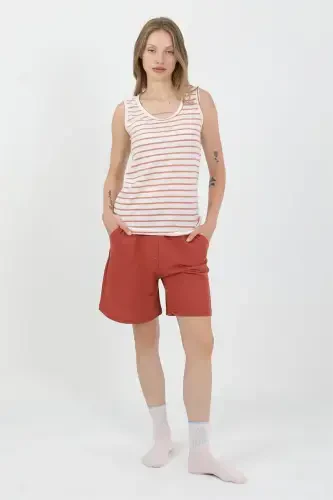 Akbeniz Women's Thick Strap Cotton Jersey Shorts Set Orange 3637 - 2