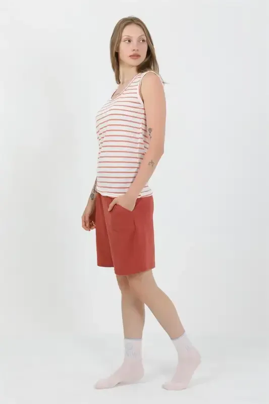 Akbeniz Women's Thick Strap Cotton Jersey Shorts Set Orange 3637 - 3