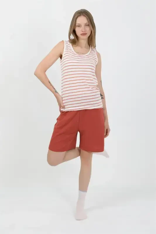 Akbeniz Women's Thick Strap Cotton Jersey Shorts Set Orange 3637 - 4