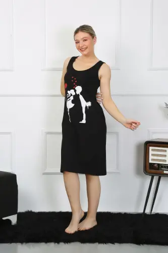 Akbeniz Women's Thick Strap Jersey Long Black Nightgown 12001 - 3