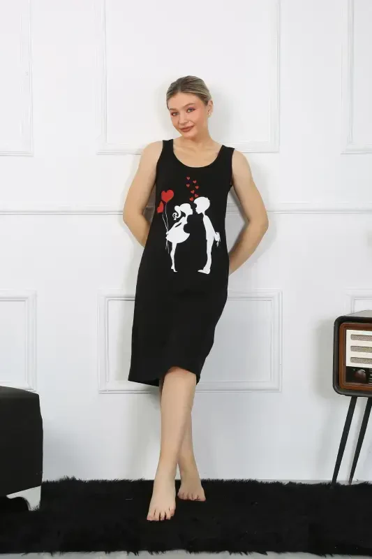 Akbeniz Women's Thick Strap Jersey Long Black Nightgown 12001 - AKBENIZ