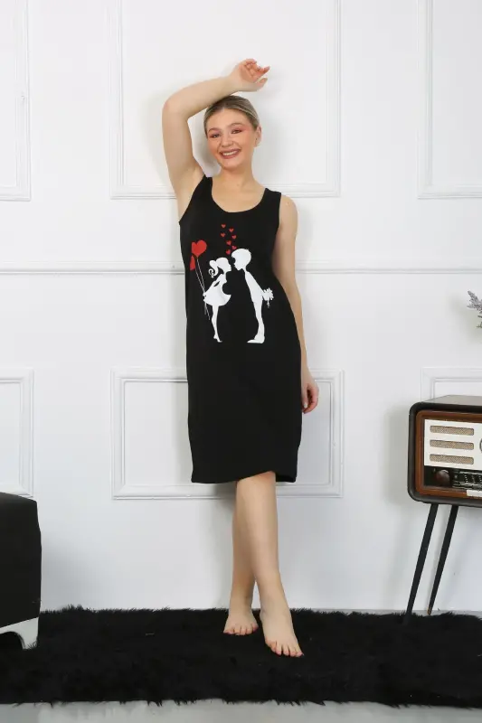 Akbeniz Women's Thick Strap Jersey Long Black Nightgown 12001 - 2