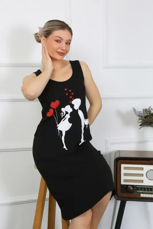 Akbeniz Women's Thick Strap Jersey Long Black Nightgown 12001 - 5