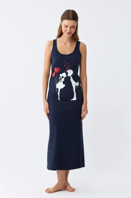 Akbeniz Women's Thick Strap Jersey Long Navy Blue Nightdress 12001 - 3
