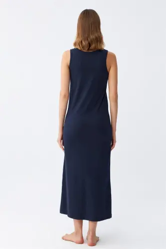Akbeniz Women's Thick Strap Jersey Long Navy Blue Nightdress 12001 - 5