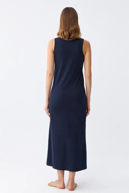 Akbeniz Women's Thick Strap Jersey Long Navy Blue Nightdress 12001 - 5