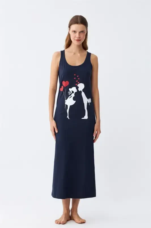 Akbeniz Women's Thick Strap Jersey Long Navy Blue Nightdress 12001 - 1