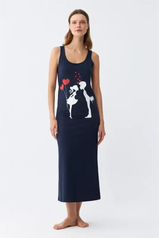 Akbeniz Women's Thick Strap Jersey Long Navy Blue Nightdress 12001 - 2