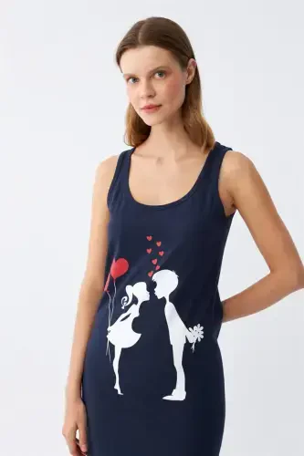 Akbeniz Women's Thick Strap Jersey Long Navy Blue Nightdress 12001 - 4