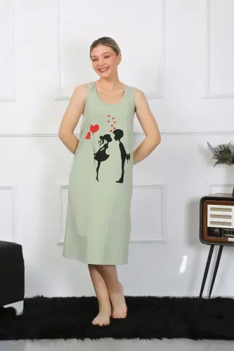 Akbeniz Women's Thick Strap Jersey Long Pistachio Green Nightdress 12001 